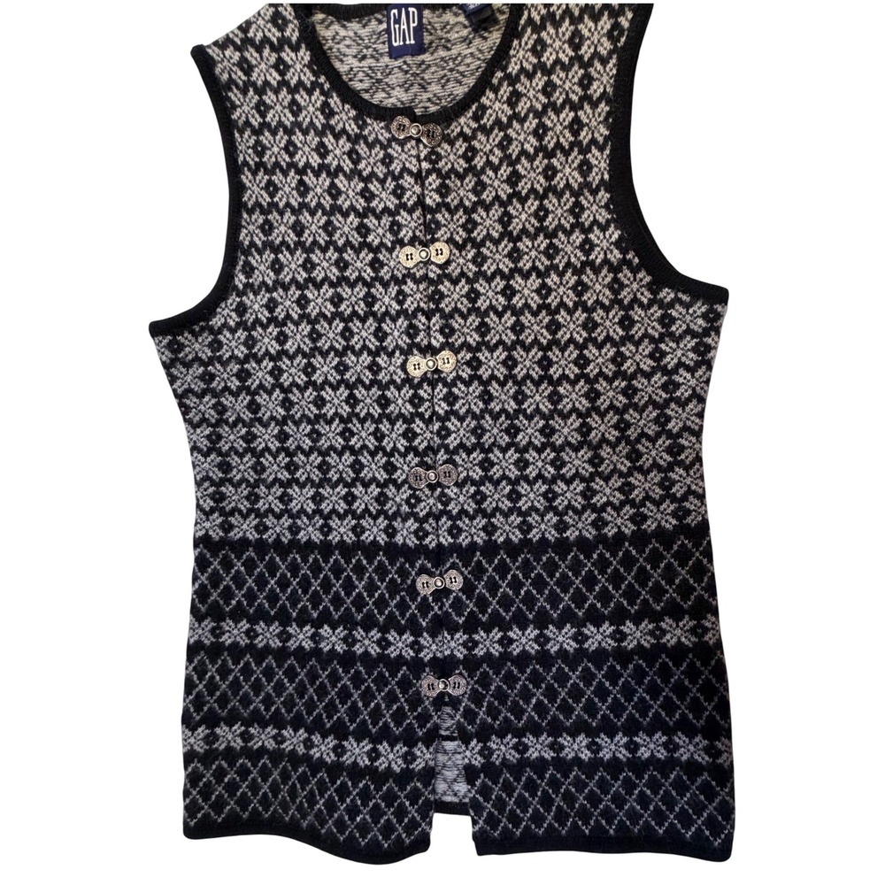 GAP Sweater‎ Vest Medium Black Gray Wool Fair Isle Nordic Metal Clasp Vintage